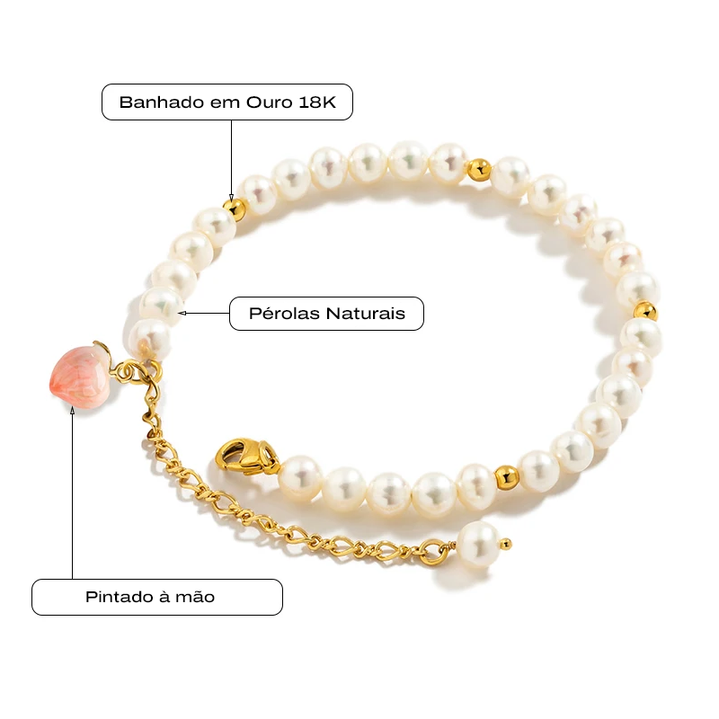 Pulseira Peach com Pérolas Naturais em OURO 18K